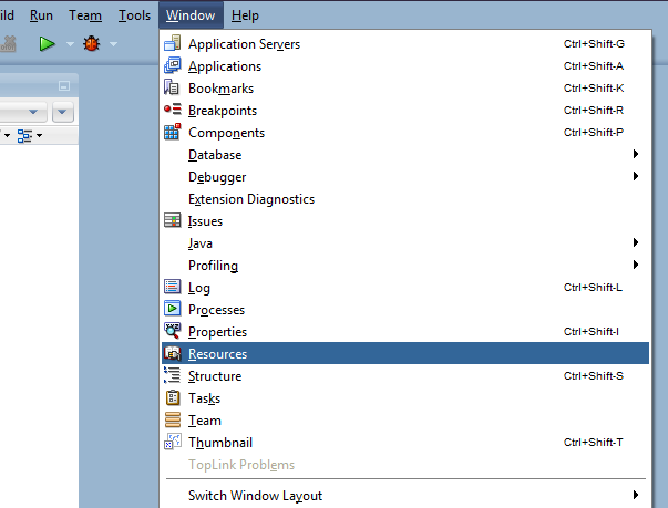 Открытие окна Resources
