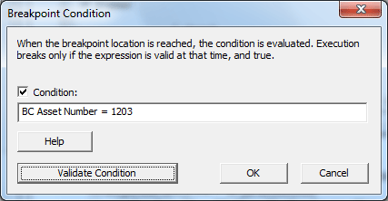 Окно логического условия точки останова в отладчике кода события