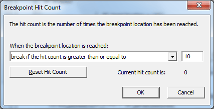 Окно условия по количеству прохождений точки останова в отладчике кода события